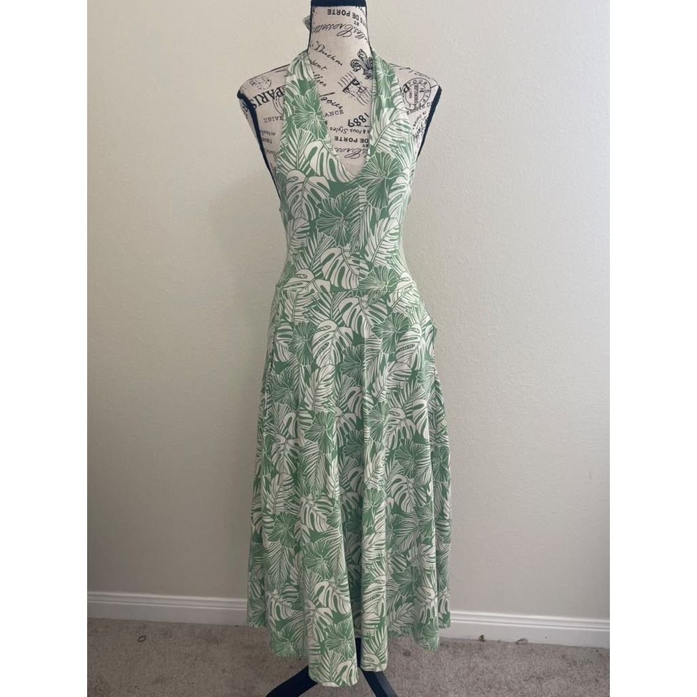 Pact Organic Cotton Tropical Palm Leaf Halter Midi Dress with Pockets Green XS